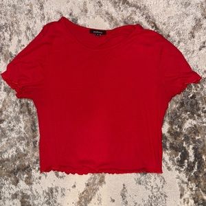 Red Cropped Tee With Ruffle Accents